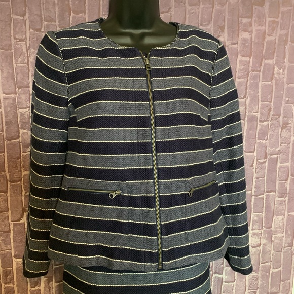 Navy Stripe Textured Jacket & Skirt Set - Picture 3 of 11
